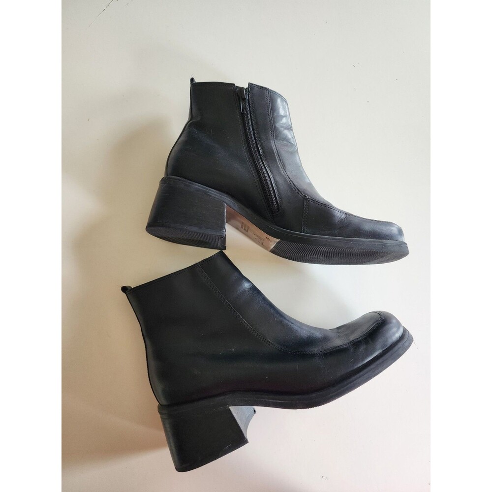 Vintage Y2K Canyon River Blues Black Leather Ankle Bootie Chunky Block Heel Zip